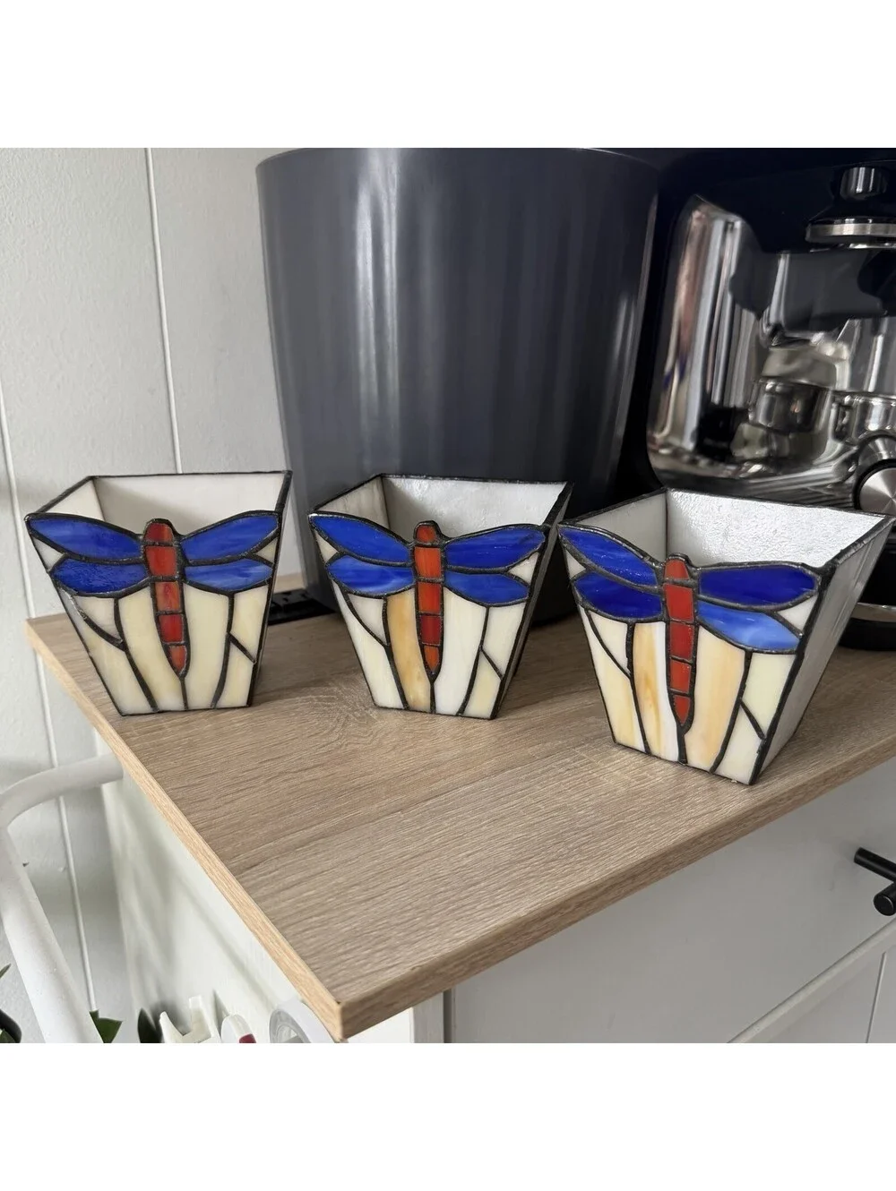 Pier 1 Imports Tiffany Style Dragonfly Stained Glass Candle Holder Set of 3